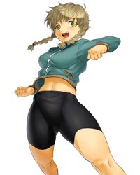  amane_suzuha bike_shorts blonde_hair braid breasts female midriff navel onsoku_maru open_mouth simple_background solo steins;gate track_jacket twin_braids white_background yellow_eyes 