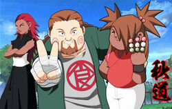  1boy 2girls aged_up akimichi_chouchou akimichi_chouji between_fingers commentary_request crossed_arms dango dark_skin facial_hair family father_and_daughter food goatee holding husband_and_wife karui_(naruto) mother_and_daughter multiple_girls naruto naruto_(series) naruto_shippuuden photoshop_(medium) red_hair sentou_ryoku spoilers v wagashi yellow_eyes 