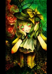  adapted_costume alternate_costume ascot brooch commentary_request crazy_eyes female flower green_eyes green_flower green_hair green_rose grin hands_on_own_face hat highres jewelry kido_(choushouya) komeiji_koishi lips red_flower red_rose rose smile solo touhou upper_body 