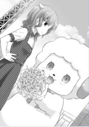  :&lt; :3 :d amagi_brilliant_park arm_at_side blush bouquet buttons closed_mouth cloud cloudy_sky creature dress dutch_angle female flower greyscale hand_on_own_hip holding holding_bouquet looking_at_viewer macaron_(amaburi) monochrome nakajima_yuka oerba_yun_fang open_mouth outdoors pinafore_dress polka_dot polka_dot_dress rose short_hair short_sleeves sky sleeveless sleeveless_dress smile spoilers wavy_hair 