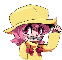  blush commentary_request facial_hair female gats_(nougats) hat moustache pink_eyes pink_hair raincoat skullgirls solo sweatdrop umbrella_(skullgirls) upper_body yellow_raincoat 