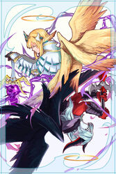  2boys angel angel_wings archangel_lucifer archdemon_lucifer_(p&amp;d) bad_id bad_pixiv_id black_wings blonde_hair closed_eyes demon_boy dual_persona kachina multiple_boys puzzle_&amp;_dragons sword weapon white_hair wings 