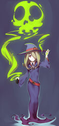  arantheus blonde_hair bottle female hair_over_one_eye hat highres imageboard_desourced little_witch_academia looking_at_viewer luna_nova_school_uniform non-web_source pale_skin poison_(final_fight) red_eyes school_uniform skull smile solo sucy_manbavaran witch_hat 