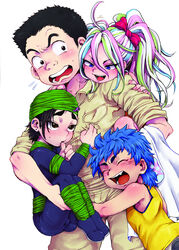  4boys black_hair blue_eyes blue_hair blush bow brown_eyes children climbing coco_(toriko) highres hug komatsu_(toriko) lolicon male male_focus multicolored_hair multiple_boys open_mouth piggyback sani_(toriko) scar sweatdrop toriko_(series) toriko_(toriko) turban 