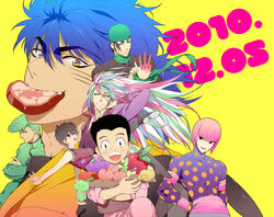  70s apple black_eyes black_hair blue_eyes blue_hair coco_(toriko) eating food fruit grapes green_hair hands_on_hips komatsu_(toriko) long_hair meat mememe multicolored_hair oldschool open_mouth pink_hair polka_dot polka_dots purple_eyes rin_(toriko) sani_(toriko) scar short_hair smile teppei tommyrod toriko_(series) toriko_(toriko) turban wings yellow_eyes 