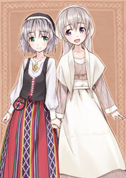  2girls :d alternate_costume blush commentary_request eila_ilmatar_juutilainen finnish_clothes green_eyes grey_hair highres holding_hands long_hair matsuryuu multiple_girls open_mouth photoshop_(medium) purple_eyes russian_clothes sanya_v._litvyak short_hair slavic_clothes smile strike_witches world_witches_series 