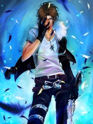  1boy bad_id bad_pixiv_id belt black_gloves blue_eyes brown_hair eni_(yoyogieni) final_fantasy final_fantasy_viii fur_trim gloves gunblade hand_on_own_face jacket jewelry male_focus necklace scar shirt solo squall_leonhart t-shirt weapon 