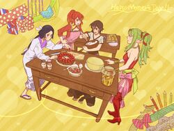  4girls anna_(fire_emblem) apron artist_request black_hair blush brown_hair cake chiki_(fire_emblem) cooking fire_emblem fire_emblem:_kakusei food gaia_(fire_emblem) green_hair multiple_girls my_unit my_unit_(fire_emblem:_kakusei) pointy_ears ponytail red_eyes red_hair say&#039;ri 