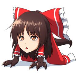  :&lt; bird_legs bow brown_eyes brown_hair chigaunsuyo commentary_request hair_tubes hairbow hakurei_reimu kentairui no_humans ponytail short_hair sitting solo touhou yukkuri_shiteitte_ne 