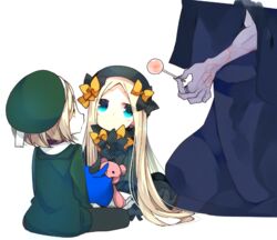  2girls abigail_williams_(fate) babe_(fate) beret black_bow black_dress black_hat blonde_hair blue_eyes bow candy commentary_request dress fate/grand_order fate_(series) food forehead gilles_de_rais_(caster)_(fate) gloves hairbow hat holding holding_stuffed_toy lollipop long_hair multiple_girls orange_bow overalls pantyhose parted_bangs paul_bunyan_(fate) polka_dot polka_dot_bow short_hair sleeves_past_wrists stuffed_animal stuffed_toy ume_(pickled_plum) yellow_eyes 