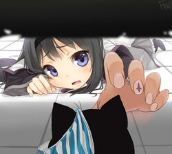  akemi_homura akemi_homura_(magical_girl) amy_(madoka_magica) black_hair blue_eyes commentary_request feline female fingernails fkey foreshortening hairband hands magical_girl mahou_shoujo_madoka_magica mahou_shoujo_madoka_magica_(anime) nail_art open_mouth outstretched_arm panties pantyhose partial_commentary purple_eyes reaching signature solo striped_clothes striped_panties tile_floor tiles underwear 