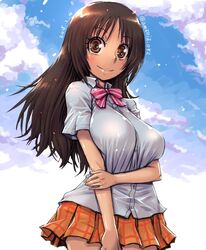  amania_orz breasts brown_eyes brown_hair commentary_request dated dress_shirt female kanzaki_miki large_breasts long_hair looking_at_viewer pleated_skirt ribbon school_uniform shirt short_sleeves signature skirt smile solo twitter_username white_shirt yowamushi_pedal 