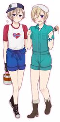  2boys aina123 androgynous axis_powers_hetalia bad_id bad_pixiv_id blonde_hair blush boots finland_(hetalia) finnish_flag flag_print full_body hair_ornament hairclip hat heart highres male_focus multiple_boys norway_(hetalia) norwegian_flag one_eye_closed paint_can paintbrush print_ornament purple_eyes shorts simple_background sweatband trim_brush white_background 