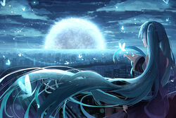  absurdly_long_hair aqua_hair bad_id bad_pixiv_id city cloud female floating_hair full_moon hatsune_miku long_hair moon night night_sky phino photoshop_(medium) sitting sky solo thighhighs twintails very_long_hair vocaloid 