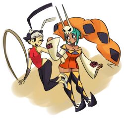  2girls animal animal_on_head aqua_hair aqua_lips bad_link bare_shoulders bird bird_on_head black_hair boots breasts cerebella_(skullgirls) chinese_clothes cleavage dark-skinned_female dark_skin detached_sleeves dress eyeshadow feng_(skullgirls) gats_(nougats) hat hoop horns hula_hoop large_breasts lipstick living_clothes makeup multicolored_hair multiple_girls on_head one_eye_closed pointy_footwear shoes short_dress short_hair skull skullgirls thigh_boots thighhighs two-tone_hair vice-versa_(skullgirls) white_hair 