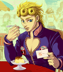  1boy bad_id bad_pixiv_id blonde_hair blue_eyes bug cake_stand card chair commentary_request eating english_text food giorno_giovanna jojo_no_kimyou_na_bouken ladybug lipstick_mark merumeru626 pectoral_cleavage pectorals pudding sitting solo_focus spoon table tablecloth vento_aureo 