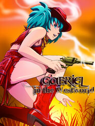  aqua_hair bad_id bad_pixiv_id boots cocked_hammer copyright_request cowboy_hat cowboy_western female fringe_trim gloves green_eyes gun handgun hat highres midriff mots revolver smoke smoking_barrel solo weapon 