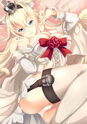  aata1007 animal_ears arched_back ass bare_shoulders bed_sheet blonde_hair blue_eyes braid breasts commentary_request corset crown dress female flower garter_straps hair_between_eyes hairband half_up_braid highres jewelry kantai_collection kemonomimi_mode large_breasts lips long_hair long_sleeves looking_at_viewer lying mini_crown necklace off-shoulder_dress off_shoulder on_back parted_lips red_flower red_ribbon red_rose ribbon rose solo thighhighs thighs warspite_(kancolle) white_dress white_thighhighs 