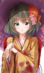  alternate_costume blue_eyes brown_hair collarbone commentary_request female floral_print flower green_eyes hair_flower hair_ornament heterochromia highres holding holding_umbrella idolmaster idolmaster_cinderella_girls japanese_clothes kimono looking_at_viewer mole mole_under_eye oil-paper_umbrella pentagon_(railgun_ky1206) short_hair solo takagaki_kaede umbrella upper_body wide_sleeves yoi_otome_(idolmaster) 