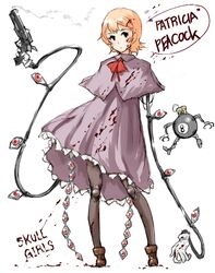  bad_id bad_pixiv_id black_eyes blood blood_on_face bomb capelet copyright_name dress explosive extra_eyes female george_the_bomb gun hakuaki handgun joints mechanical_arms no_headwear orange_hair peacock_(skullgirls) red_eyes revolver robot_joints short_hair skullgirls smoke smoking_barrel speech_bubble weapon 