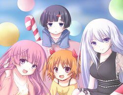  4girls akishino_himeka black_hair blue_eyes collar commentary_request fuyuumi_ai harusaki_chiwa kuena long_hair multiple_girls natsukawa_masuzu orange_hair ore_no_kanojo_to_osananajimi_ga_shuraba_sugiru purple_eyes purple_hair short_hair white_hair 