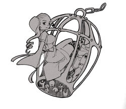  bare_shoulders birdcage breasts cage commentary_request detached_sleeves drill_hair dual_persona female gotz_(madoka_magica) greyscale large_breasts madoka_runes mahou_shoujo_madoka_magica mahou_shoujo_madoka_magica_(anime) monochrome personification roberta_(madoka_magica) sawa-piyo side_ponytail sleeves_past_wrists 