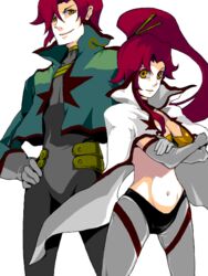  1boy ann606 bodysuit crossed_arms dual_persona female genderswap_(ftm) gloves long_hair midriff navel ponytail red_hair rule_63 tegaki tengen_toppa_gurren_lagann white_background yellow_eyes yoko_littner 