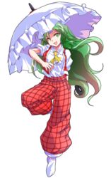  :d alphes_(style) arm_behind_back ascot bare_arms breasts collared_shirt commentary_request dairi eyebrows female full_body green_eyes green_hair hair_between_eyes head_tilt highres holding holding_umbrella kazami_yuuka kazami_yuuka_(pc-98) kioh_gyoku leg_up long_hair looking_at_viewer medium_breasts open_clothes open_mouth open_vest pants parody plaid plaid_pants plaid_vest puffy_short_sleeves puffy_sleeves red_pants red_vest seihou shirt short_sleeves smile socks solo style_parody touhou touhou_(pc-98) transparent_background umbrella very_long_hair vest white_shirt white_socks white_umbrella yellow_ascot 