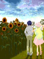  1boy ann606 couple dress female flower hat nia_teppelin simon_(ttgl) sky straight sunflower tegaki tengen_toppa_gurren_lagann 