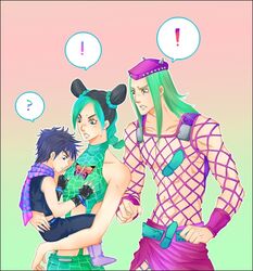  ! 2boys aged_down battle_tendency black_hair blue_eyes blue_hair boots braid bug butterfly commentary_request cone_hair_bun double_bun family female fingerless_gloves fishnet_top fishnets gloves grabbing grabbing_another&#039;s_breast green_hair hair_bun hat jojo_no_kimyou_na_bouken joseph_joestar joseph_joestar_(young) kujo_jolyne lolicon long_hair midriff multicolored_hair multiple_boys narciso_anasui scarf shiemasu stone_ocean straight time_paradox two-tone_hair 