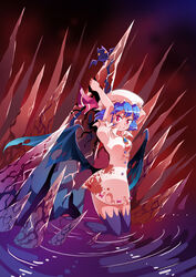  bat_(animal) blood blue_hair bow breasts chinese_commentary commentary_request dress female gem hat hat_ribbon medium_breasts photoshop_(medium) red_eyes remilia_scarlet ribbon smile solo spikes touhou water wings xin_yu_hua_yin 