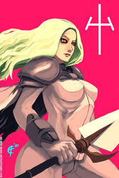  armor blonde_hair bodysuit bracer breasts cape claymore_(series) commentary cross_(guncross) english_commentary female long_hair medium_breasts pauldrons shoulder_armor solo sword teresa_(claymore) weapon yellow_eyes 