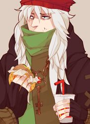  1boy az_(pokemon) beanie black_gloves coat drink eating fingerless_gloves food gloves hamburger hat jewelry key long_hair lowres male male_focus mcdonald&#039;s necklace pokemon scarf solo white_hair 