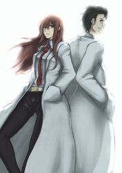  1boy belt black_hair black_pantyhose brown_eyes brown_hair commentary_request deni_m female lab_coat long_hair makise_kurisu necktie okabe_rintarou pantyhose pantyhose_under_shorts short_hair shorts steins;gate 