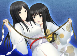  2girls aged_down black_hair commentary_request dual_persona fatal_frame fatal_frame_1 grey_eyes himuro_kirie japanese_clothes kimono long_hair multiple_girls rope shimenawa taira_shihito time_paradox 