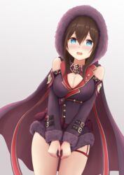  absurdres alternate_costume bare_shoulders black_hair blue_eyes blush breasts cape cleavage commentary_request cosplay female hair_between_eyes highres hood hoodie ichimichi_mao idolmaster idolmaster_cinderella_girls large_breasts long_hair looking_at_viewer off_shoulder sagisawa_fumika shadowverse solo voice_actor_connection warubo wizardess_of_oz 