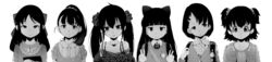  6+girls akagi_miria animal_ears animal_print backpack bag bangs bare_shoulders bell bell_collar cat_ears closed_mouth collar collarbone crime_prevention_buzzer expressionless fukuyama_mai greyscale hair_between_eyes hair_ornament hair_ribbon heart heart_necklace highres holding idolmaster idolmaster_cinderella_girls jpeg_artifacts kindergarten leopard_print lolicon long_hair long_image looking_at_viewer looking_to_the_side matoba_risa monochrome multiple_girls open_mouth pina_korata ponytail ribbon sajou_yukimi sasaki_chie shadow short_hair sidelocks simple_background smile tachibana_arisu takatoo_kurosuke twintails v very_long_hair white_background wide_image 