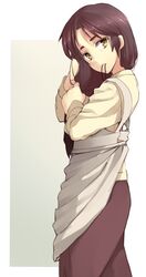  adjusting_hair apron bad_id bad_pixiv_id brown_hair carla_yeager female head_tilt highres long_hair looking_at_viewer mouth_hold nishimuku_meri shingeki_no_kyojin simple_background solo standing yellow_eyes 