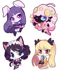  4girls animal_ears blonde_hair blue_eyes cat_ears cat_girl chibi chuchu_(show_by_rock!!) commentary_request cyan_(show_by_rock!!) dog_tail drill_hair glasses gothic_lolita horns lolita_fashion long_hair moa_(show_by_rock!!) multiple_girls pink_hair purple_eyes purple_hair rabbit_ears retoree_(show_by_rock!!) sebychu sheep_ears sheep_horns show_by_rock!! tail twintails very_long_hair 