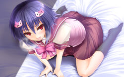  :d all_fours bed_sheet black_socks blue_hair breath commentary_request female from_above gal_gun gal_gun_(series) gizensha hair_ornament highres kneehighs kosugi_neneko looking_up no_shoes oerba_yun_fang open_mouth perspective pink_eyes sakurazaki_academy_school_uniform school_uniform short_hair skirt smile socks solo 