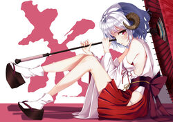  horns japanese_clothes makoni original red_eyes sheepgirl short_hair sideboob skirt socks umbrella white_hair 