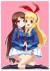  2girls :d aikatsu! aikatsu!_(series) bad_id bad_pixiv_id blazer blonde_hair blush brown_hair colored_eyelashes hair_ribbon holding_hands hoshimiya_ichigo interlocked_fingers jacket kneehighs kneeling long_hair looking_at_viewer multiple_girls open_mouth photoshop_(medium) pink_background purple_eyes red_eyes ribbon school_uniform shibuki_ran skirt smile socks starlight_academy_school_uniform yuu_(derodero) 