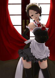  apron bad_id bad_pixiv_id black_legwear brown_eyes brown_hair curtain_grab curtains detached_collar female flower headdress highres hukasikasi idolmaster idolmaster_cinderella_girls maid maid_headdress rose short_hair thighhighs togo_ai 