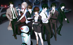  car cigarette city dark ginoza_nobuchika glasses group gun kagari_shuusei karanomori_shion kougami_shinya kunizuka_yayoi male masaoka_tomomi police psycho-pass robot short_hair skirt suit tie tsunemori_akane weapon wink yykuaixian 