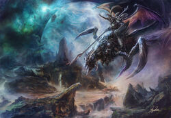  commentary_request fantasy hayaken_sarena landscape monster no_humans original photoshop_(medium) polearm riding scenery spear weapon wings 