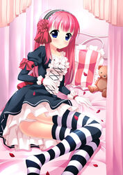  bed blue_eyes blush commentary_request dress female frills gloves gothic_lolita hairband highres lolita_fashion long_hair looking_at_viewer lying on_side original panties pantyshot petals photoshop_(medium) pillow pink_hair ribbon sitting solo striped_clothes striped_thighhighs stuffed_animal stuffed_toy teddy_bear thighhighs underwear upskirt yoruda 