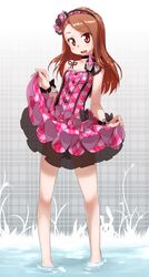  bare_legs bare_shoulders barefoot blush brown_eyes brown_hair commentary_request female flat_chest full_body grass hairband highres idolmaster idolmaster_(classic) long_hair minase_iori petite skirt skirt_hold sleeveless solo standing ttomm wading water 