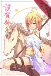  ahoge blonde_hair blue_kimono boots brown_footwear chinese_zodiac closed_mouth commentary_request female from_side half-closed_eyes happy_new_year high_heel_boots high_heels horse japanese_clothes kimono leg_belt lips long_sleeves looking_at_viewer mikago_kotaro nengajou new_year obi off_shoulder oil-paper_umbrella original photoshop_(medium) pink_lips purple_eyes sash sitting smile solo umbrella wariza wide_sleeves year_of_the_horse 