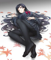  black_hair black_pantyhose black_serafuku commentary_request feet female highres hime_cut kanoe_yuuko long_hair lying no_shoes panties panties_under_pantyhose pantyhose photoshop_(medium) red_eyes school_uniform serafuku solo streamingsun tasogare_otome_x_amnesia thighband_pantyhose underwear very_long_hair 