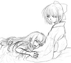  2girls bad_id bad_pixiv_id bow closed_eyes ebiguracoro graphite_(medium) greyscale hairband hairbow hands_on_another&#039;s_face japanese_clothes kimono kohaku_(tsukihime) long_hair monochrome multiple_girls open_clothes open_mouth short_hair smile tohno_akiha traditional_media tsukihime 